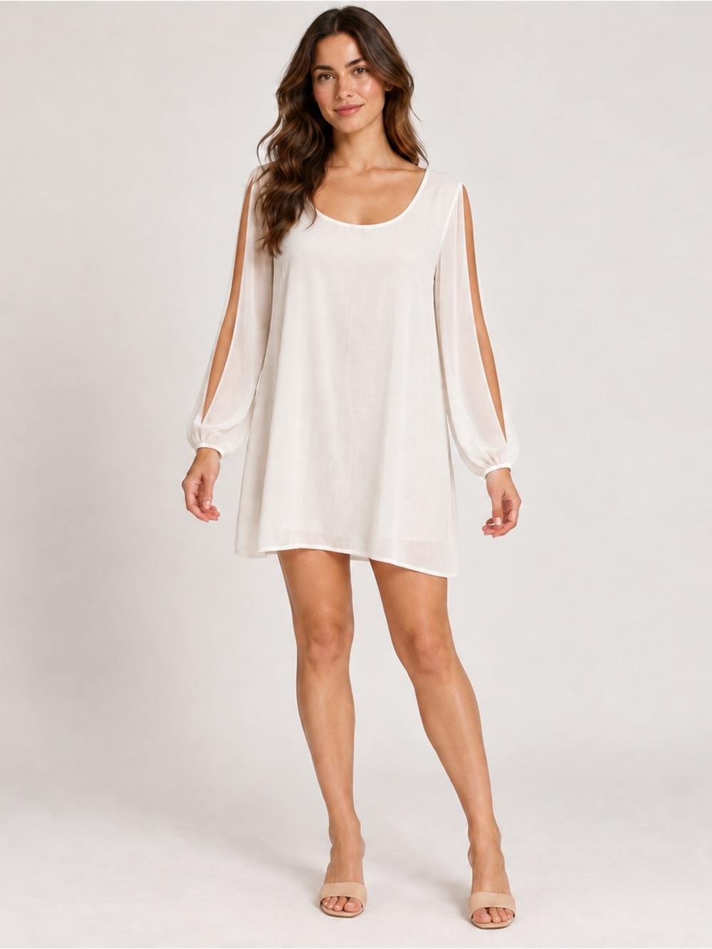 Coastal White semi Sheer split long sleeve Boho Mini shift Dress with Scoop Neck